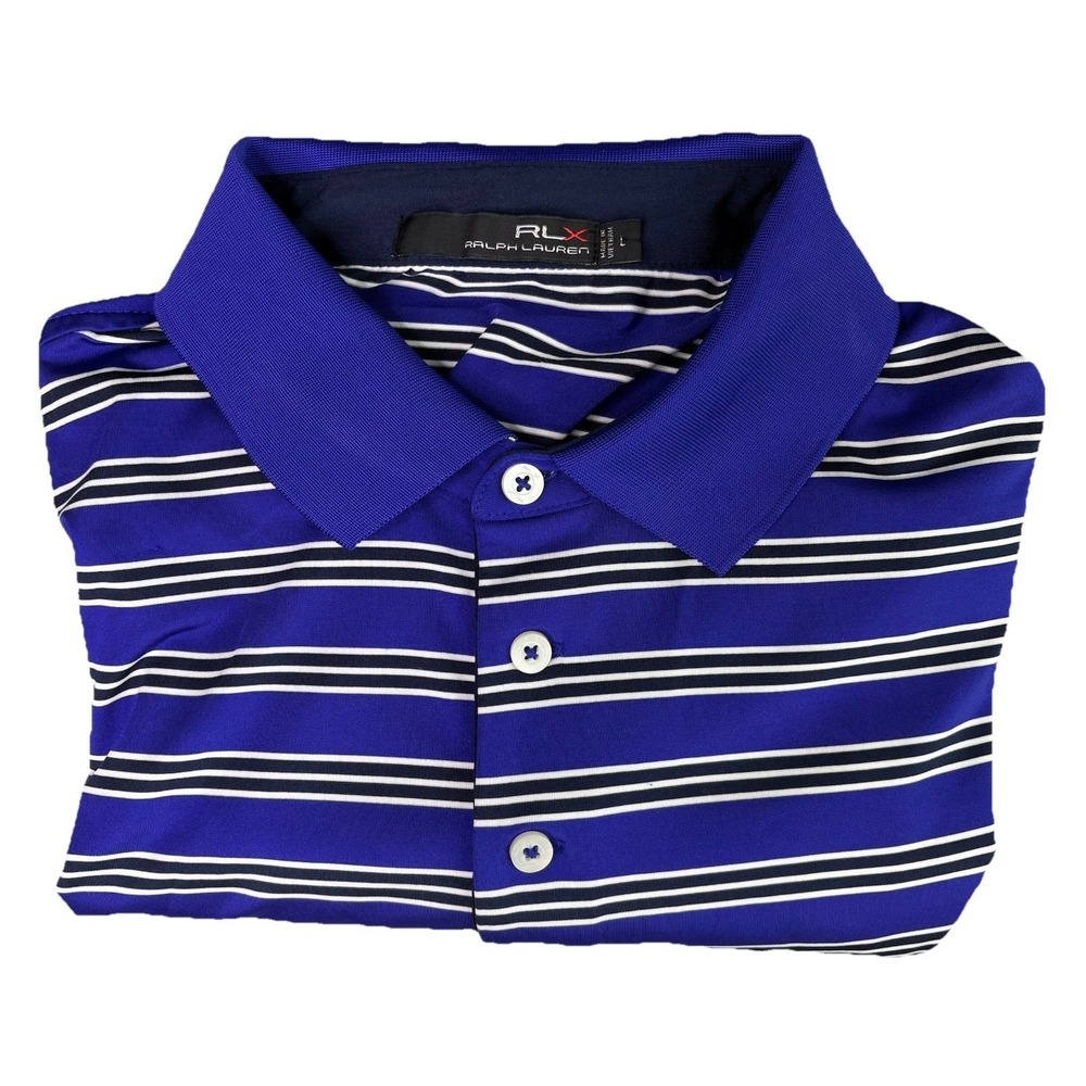 RLX Ralph Lauren‎ Polo Shirt Mens Large Performance Golf Stretch Striped Blue